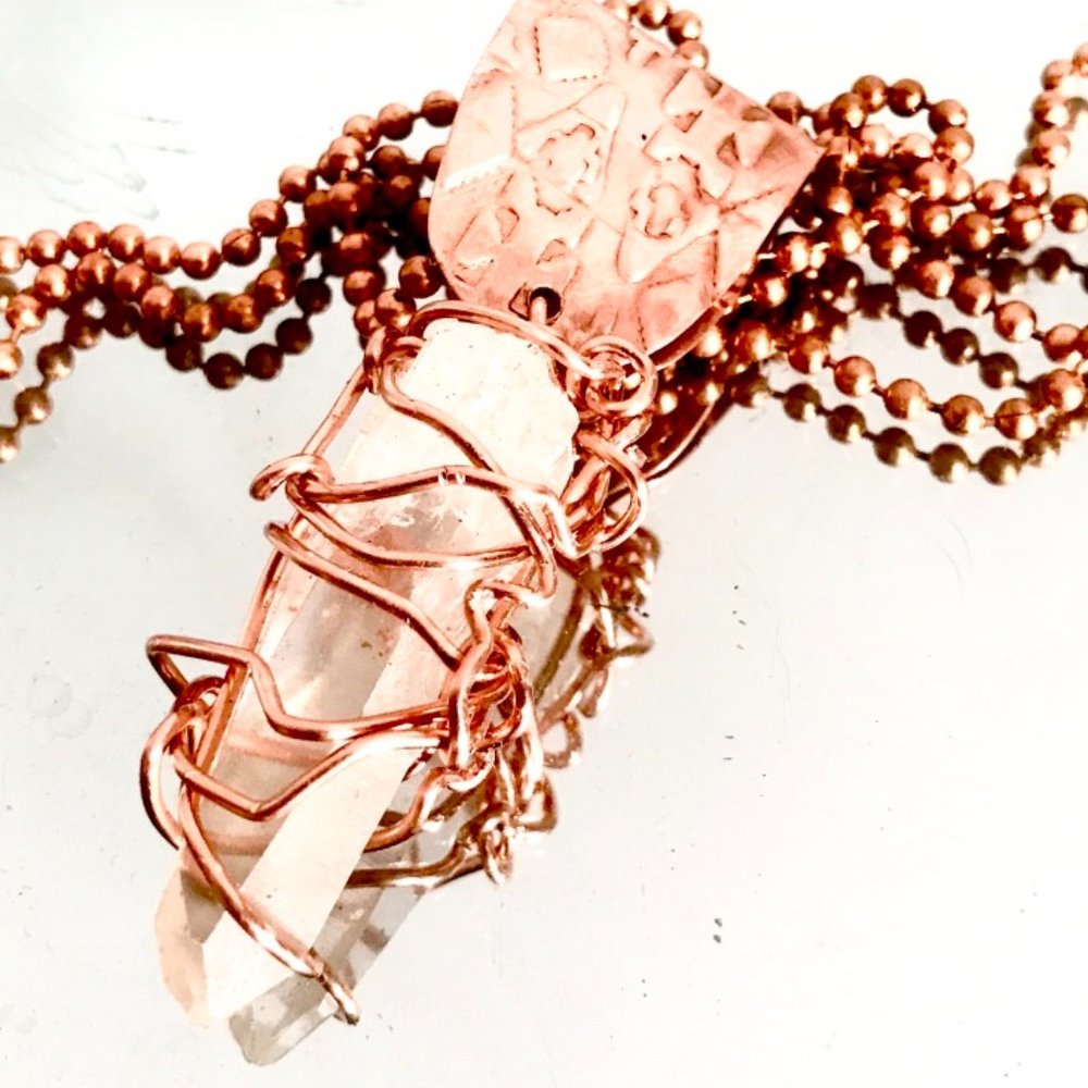 Lemurian Quartz Crystal Copper Choker Pendant Handmade Rustic Wire Wrapped - Picture 2 of 16